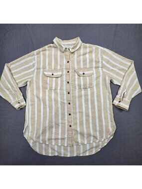 Urban Outfitters S Women’s Striped Button-Up Long Sleeve Shirt Beige 100% Cotton